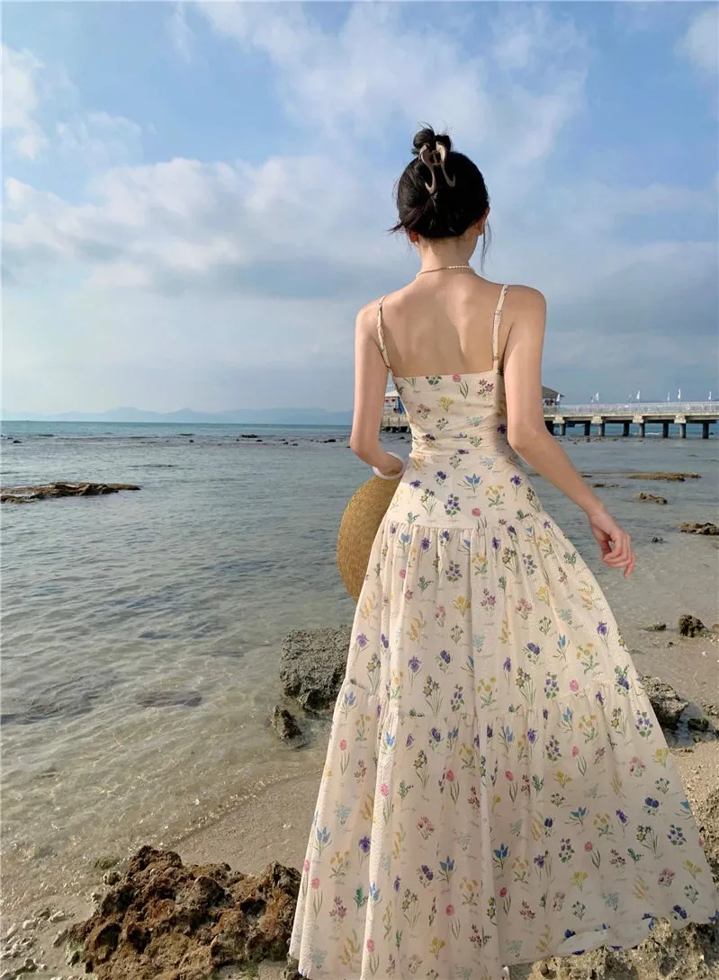Joskaa Vintage Floral Beach Holiday Long Dresses for Women 2024 Summer New Elegant Party Spaghetti Strap Big Hem Casual Female Clothing