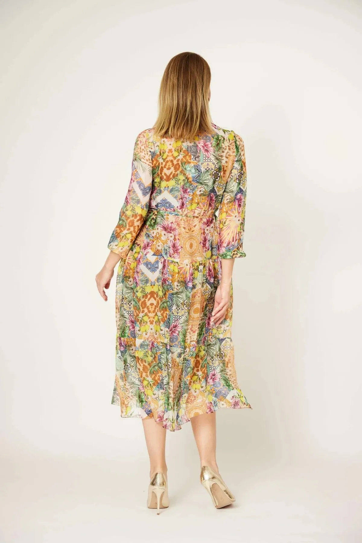 La Strada - Silk/Viscose Long Sleeve With Cami Three Tiers Button Up Dress - Multi