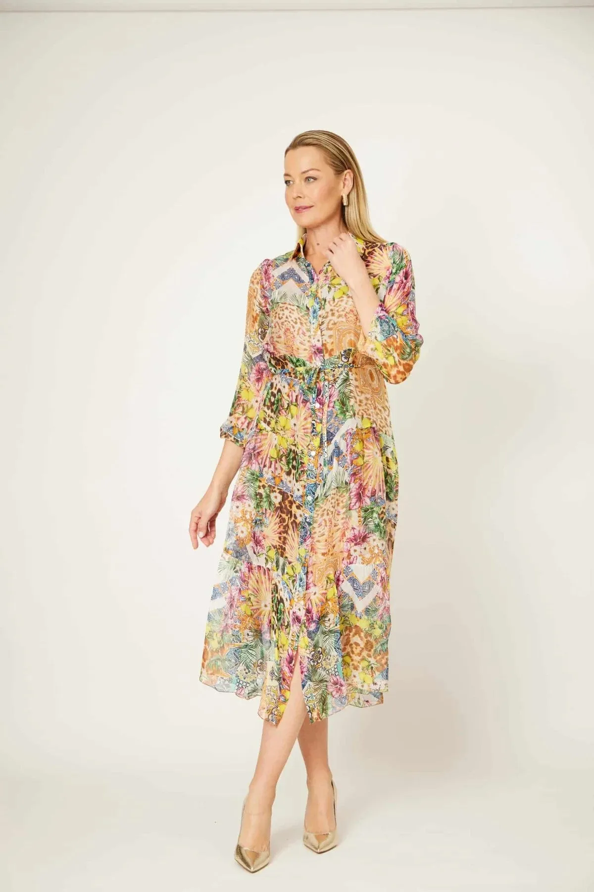 La Strada - Silk/Viscose Long Sleeve With Cami Three Tiers Button Up Dress - Multi