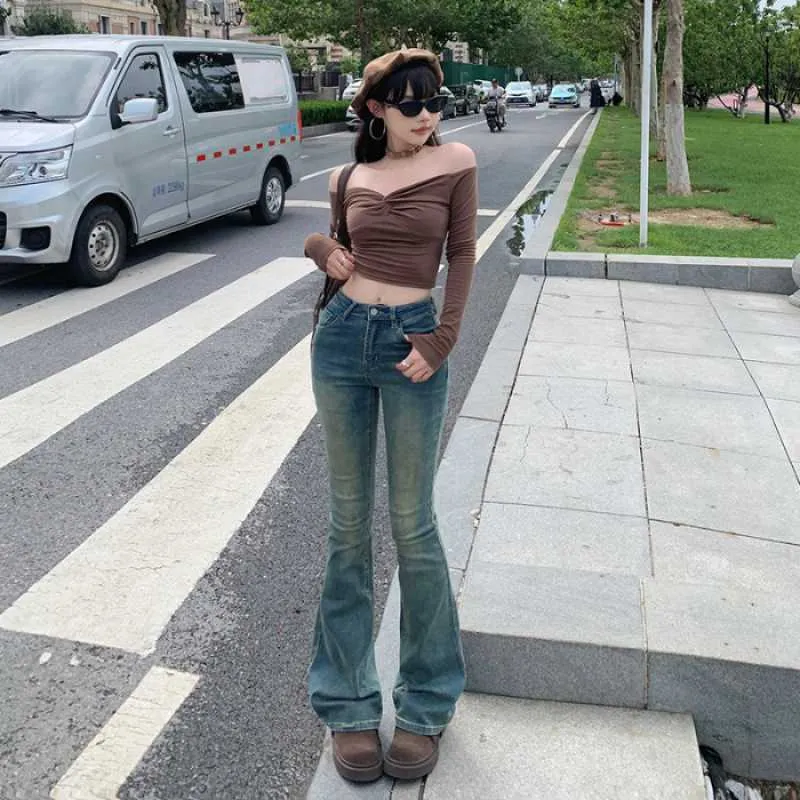Lanfubeisi datenight fall outfits Multi-Color Retro High Waist Slim-Fit Stretch Flared Jeans Women's Cropped Trousers Lengthened
