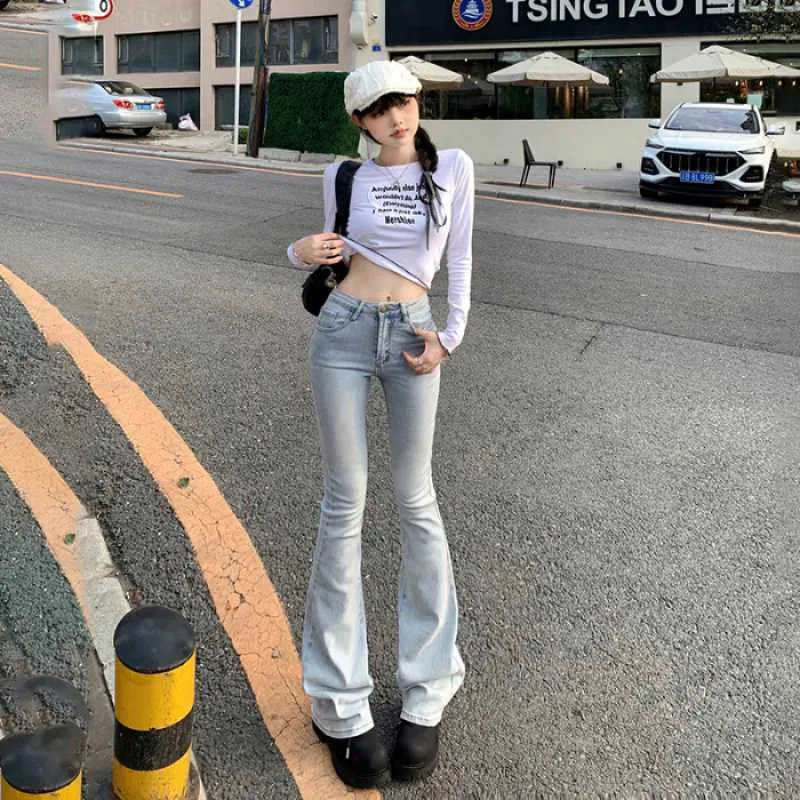 Lanfubeisi datenight fall outfits Multi-Color Retro High Waist Slim-Fit Stretch Flared Jeans Women's Cropped Trousers Lengthened