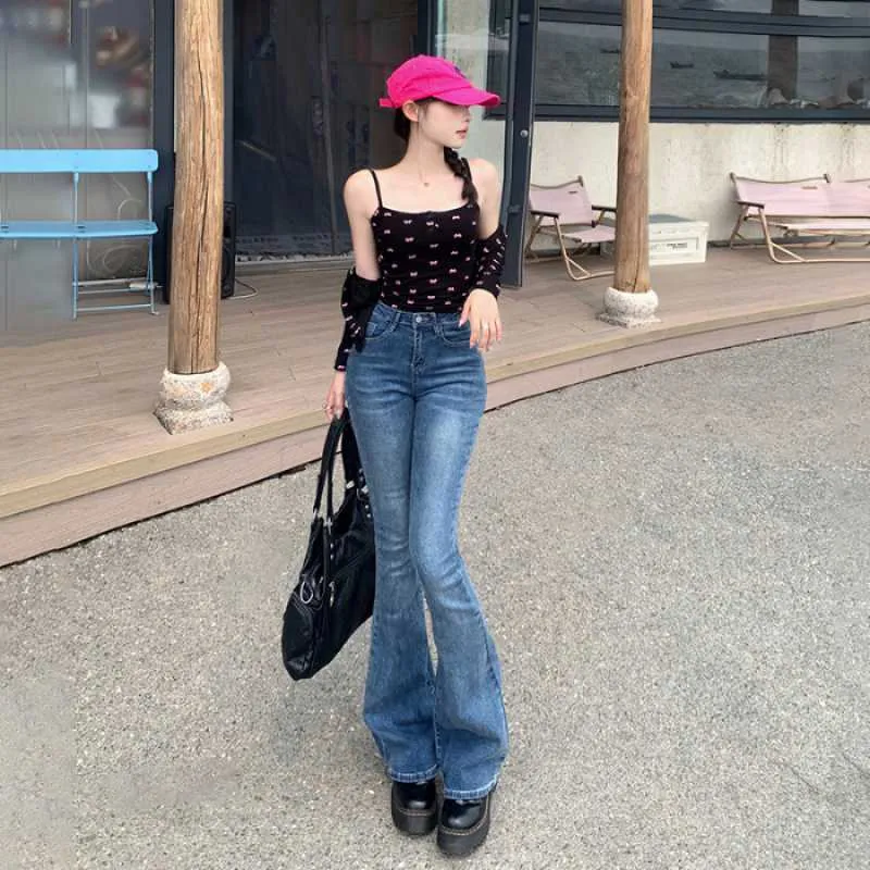 Lanfubeisi datenight fall outfits Multi-Color Retro High Waist Slim-Fit Stretch Flared Jeans Women's Cropped Trousers Lengthened