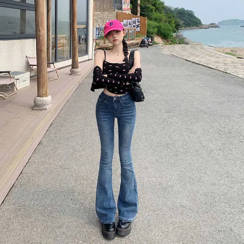 Lanfubeisi datenight fall outfits Multi-Color Retro High Waist Slim-Fit Stretch Flared Jeans Women's Cropped Trousers Lengthened