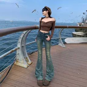 Lanfubeisi datenight fall outfits Multi-Color Retro High Waist Slim-Fit Stretch Flared Jeans Women's Cropped Trousers Lengthened