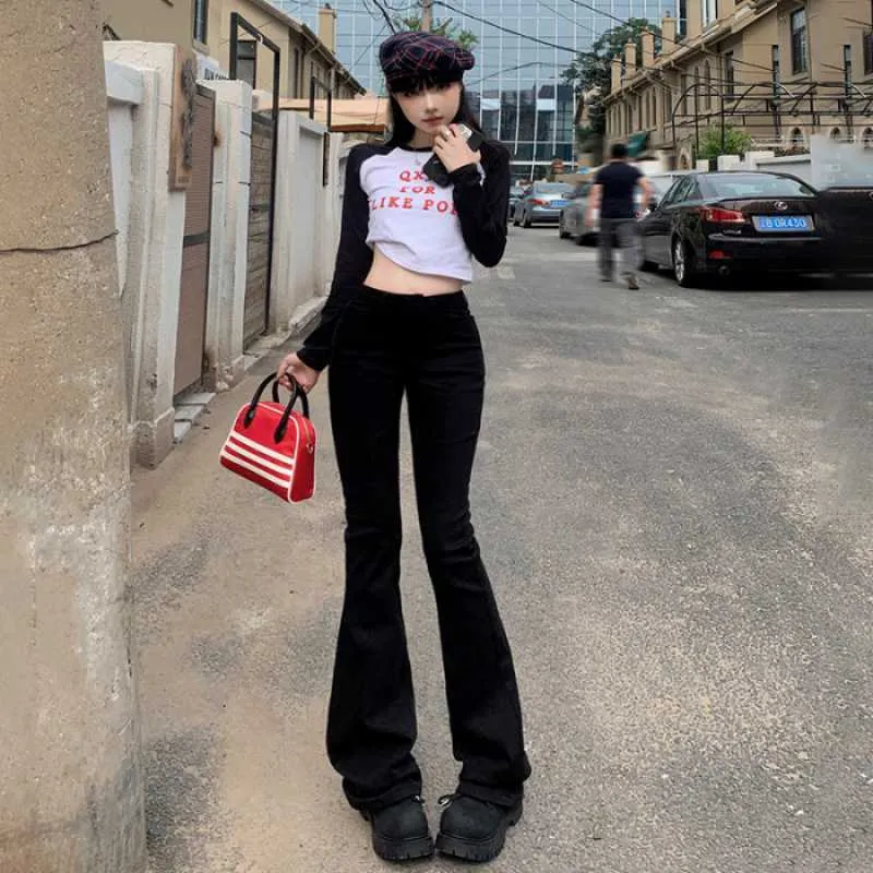 Lanfubeisi datenight fall outfits Multi-Color Retro High Waist Slim-Fit Stretch Flared Jeans Women's Cropped Trousers Lengthened