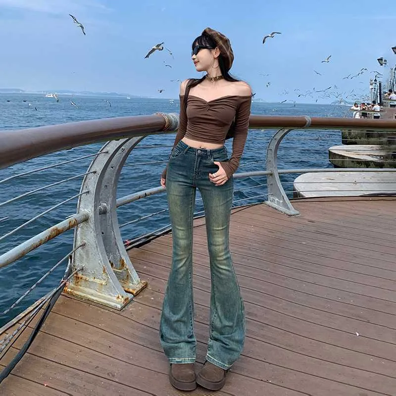Lanfubeisi datenight fall outfits Multi-Color Retro High Waist Slim-Fit Stretch Flared Jeans Women's Cropped Trousers Lengthened