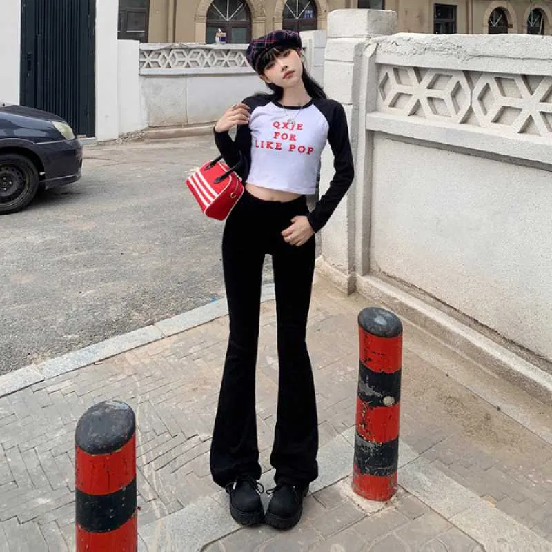 Lanfubeisi datenight fall outfits Multi-Color Retro High Waist Slim-Fit Stretch Flared Jeans Women's Cropped Trousers Lengthened
