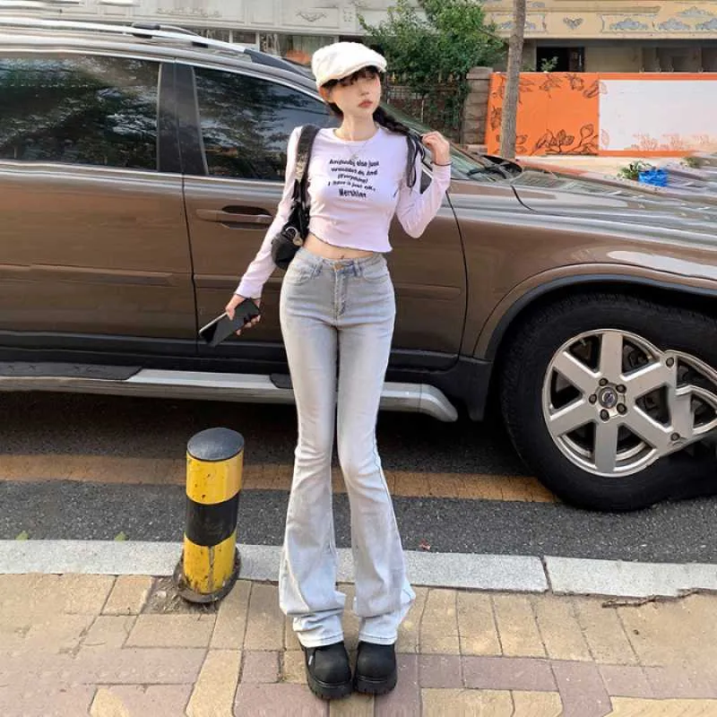 Lanfubeisi datenight fall outfits Multi-Color Retro High Waist Slim-Fit Stretch Flared Jeans Women's Cropped Trousers Lengthened