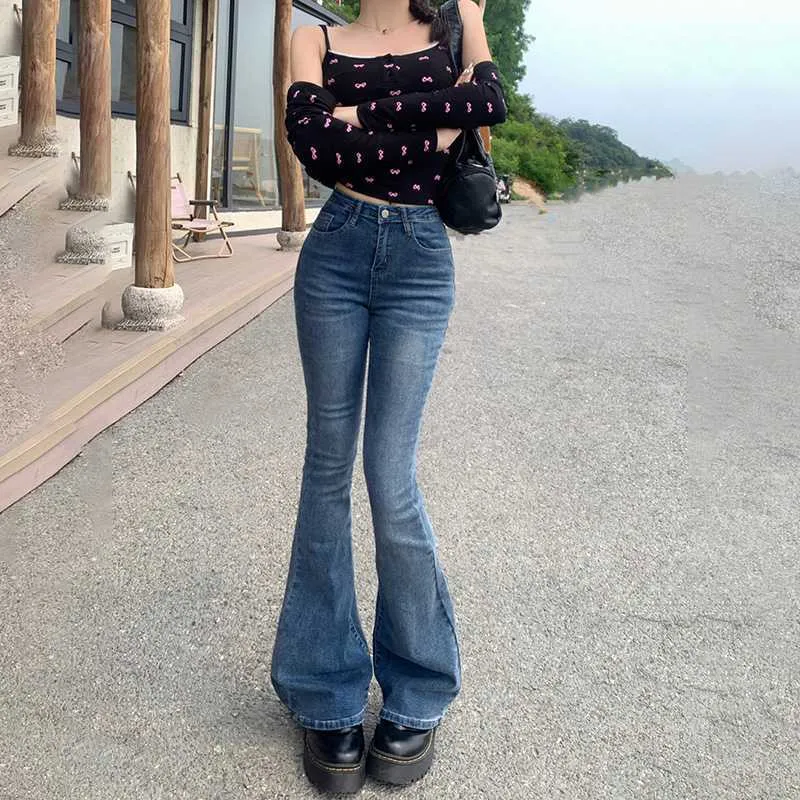 Lanfubeisi datenight fall outfits Multi-Color Retro High Waist Slim-Fit Stretch Flared Jeans Women's Cropped Trousers Lengthened