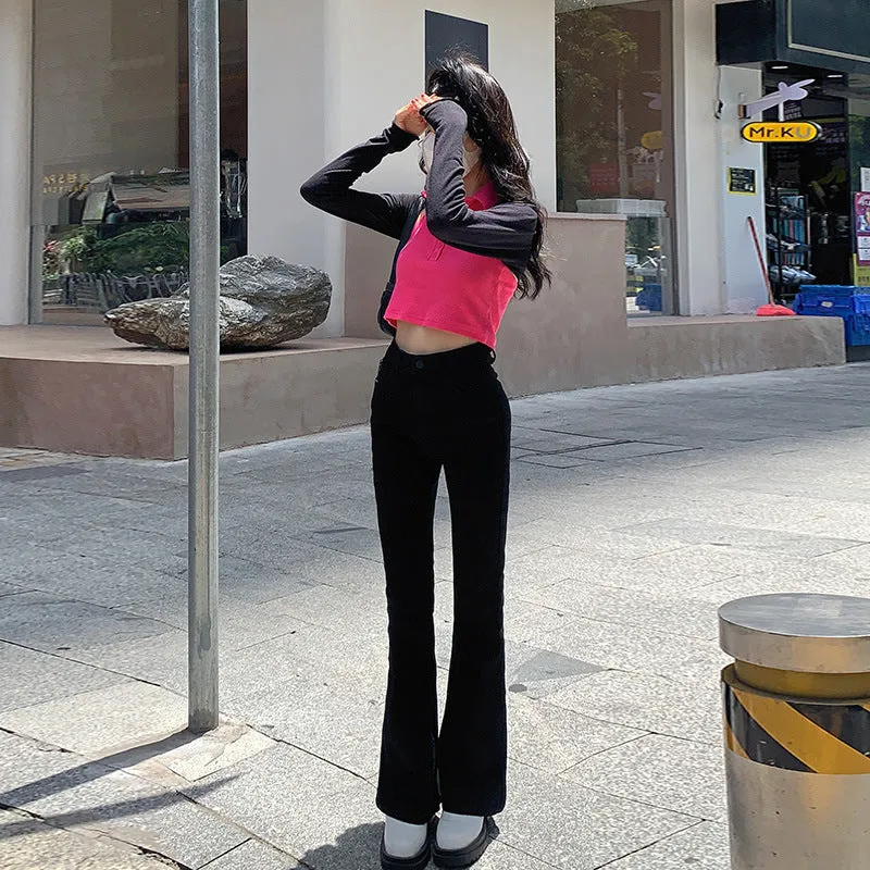Lanfubeisi egirl style Black Micro Flared Jeans Women's Spring High Waist Slimming Horseshoe Pants Small