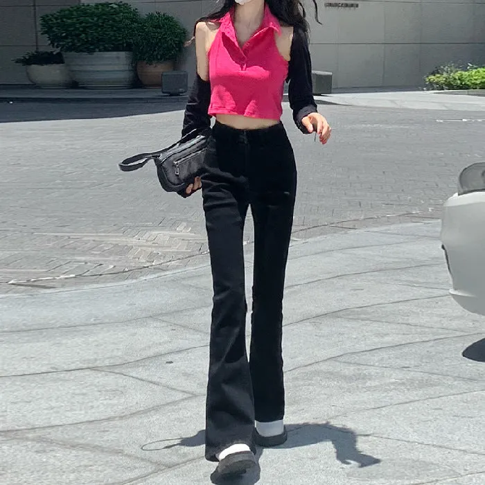 Lanfubeisi egirl style Black Micro Flared Jeans Women's Spring High Waist Slimming Horseshoe Pants Small