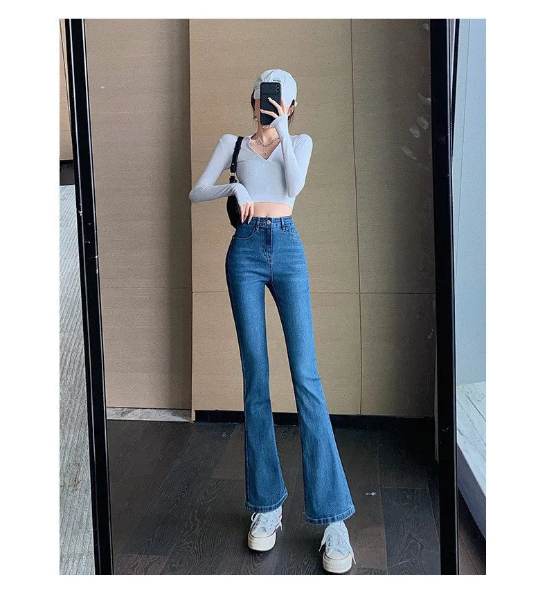 Lanfubeisi egirl style Black Micro Flared Jeans Women's Spring High Waist Slimming Horseshoe Pants Small