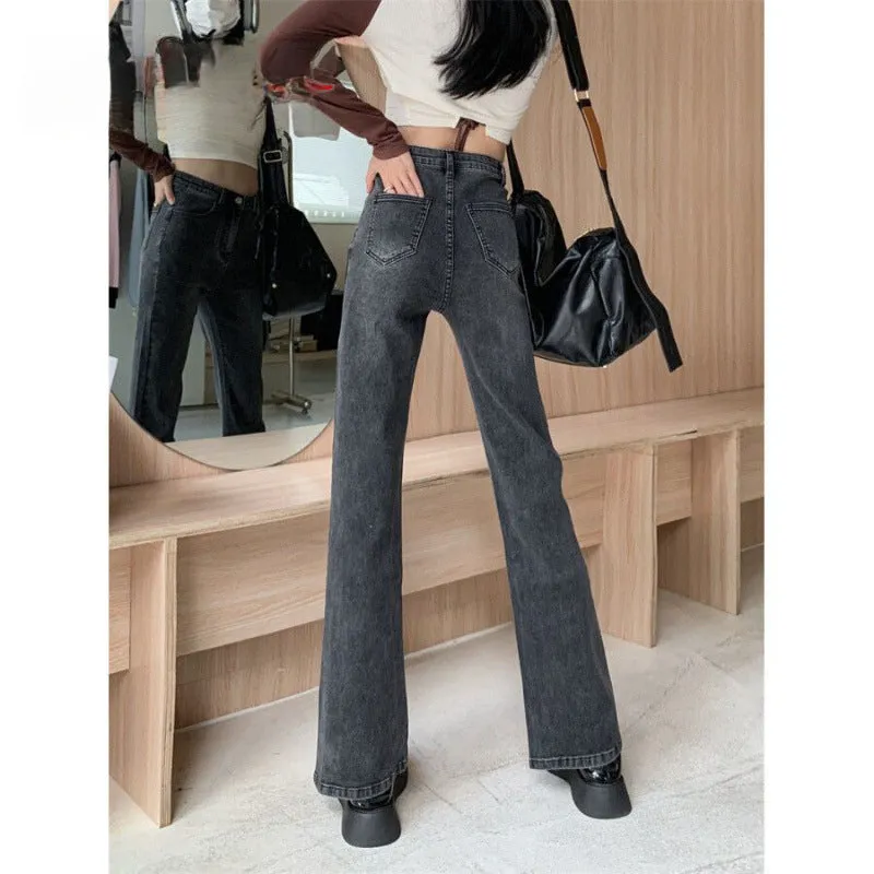 Lanfubeisi outfit inspo Gray Micro Flared Jeans Women's Fashion All-Match Thin New High Waist Stretch Slim Slimming Horseshoe Long Pants