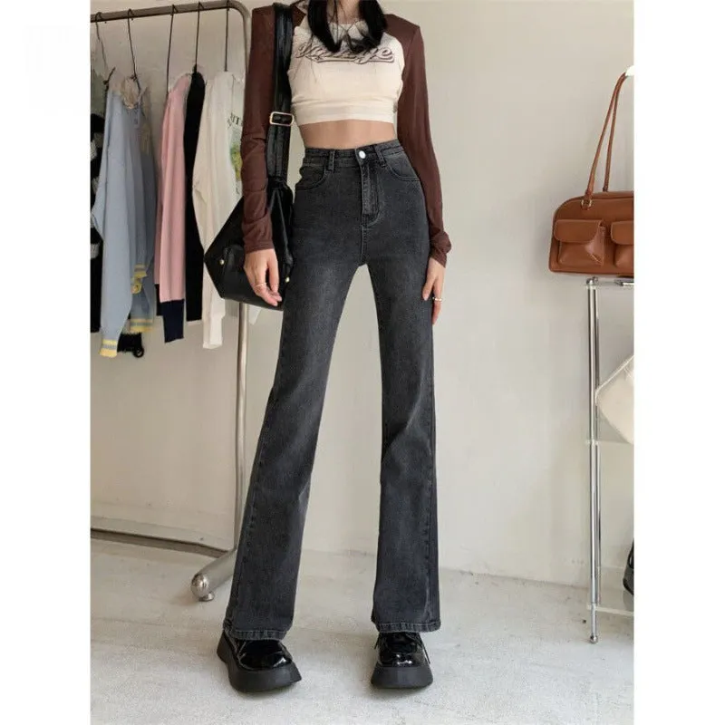 Lanfubeisi outfit inspo Gray Micro Flared Jeans Women's Fashion All-Match Thin New High Waist Stretch Slim Slimming Horseshoe Long Pants