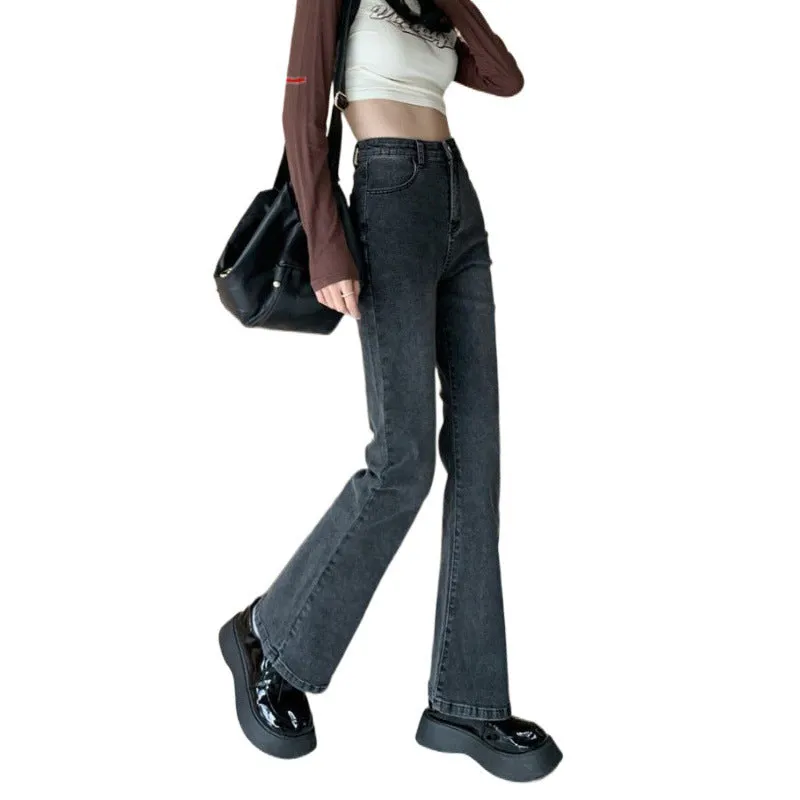 Lanfubeisi outfit inspo Gray Micro Flared Jeans Women's Fashion All-Match Thin New High Waist Stretch Slim Slimming Horseshoe Long Pants