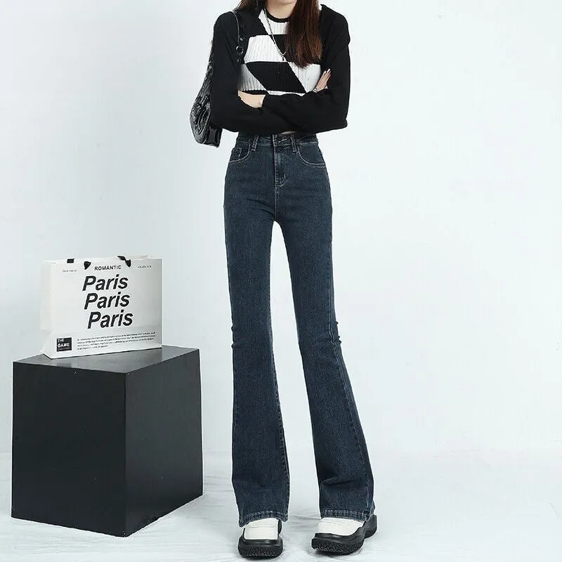 Lanfubeisi outfit inspo Gray Micro Flared Jeans Women's Fashion All-Match Thin New High Waist Stretch Slim Slimming Horseshoe Long Pants