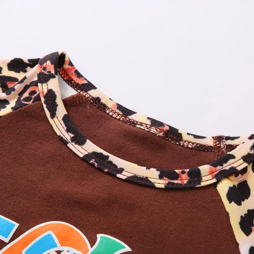 Leopard Raglan Sleeve Print Pumpkin and Alphabet Flared Pants Wholesale Girls Clothing