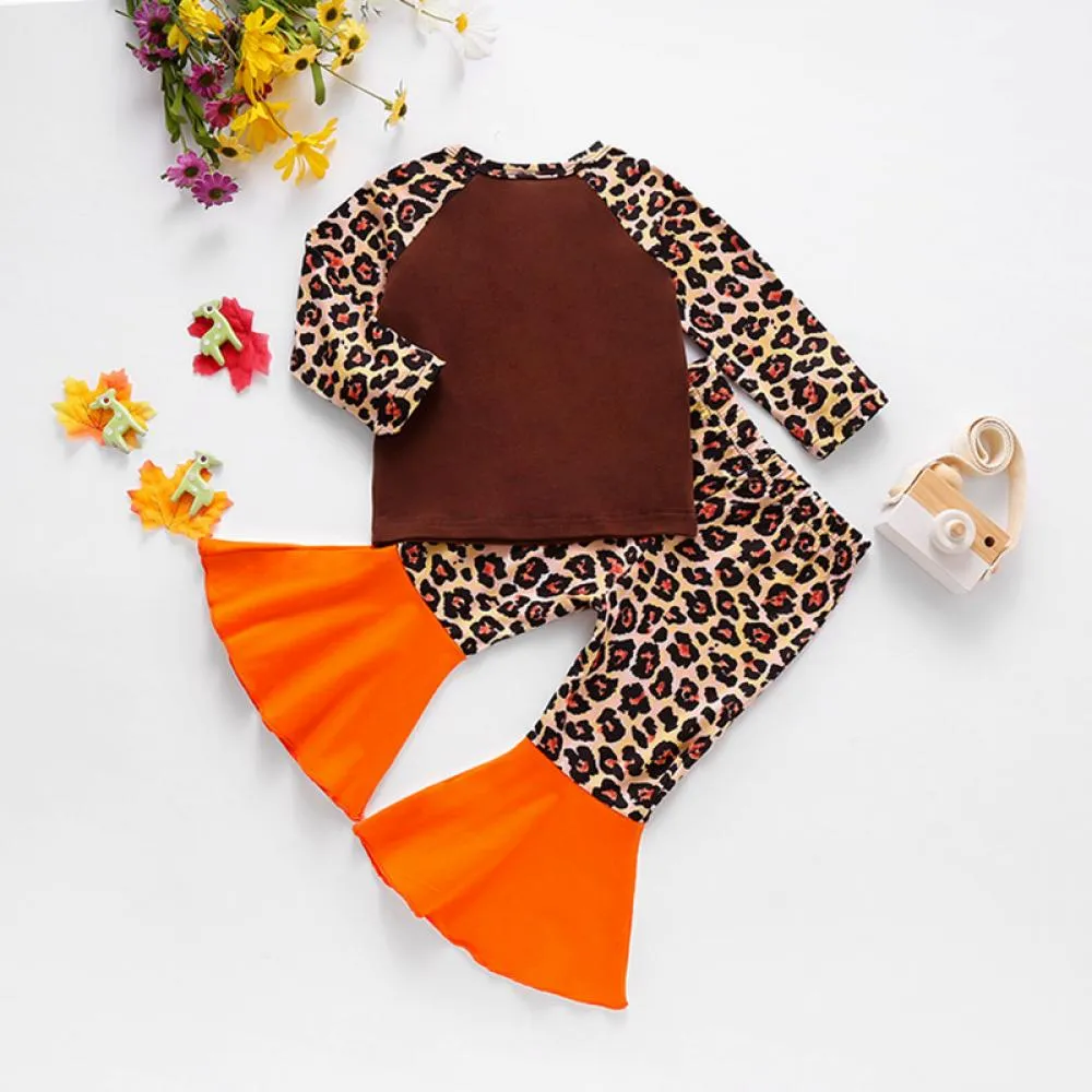 Leopard Raglan Sleeve Print Pumpkin and Alphabet Flared Pants Wholesale Girls Clothing
