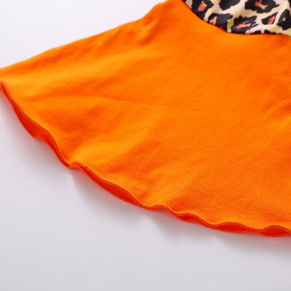 Leopard Raglan Sleeve Print Pumpkin and Alphabet Flared Pants Wholesale Girls Clothing