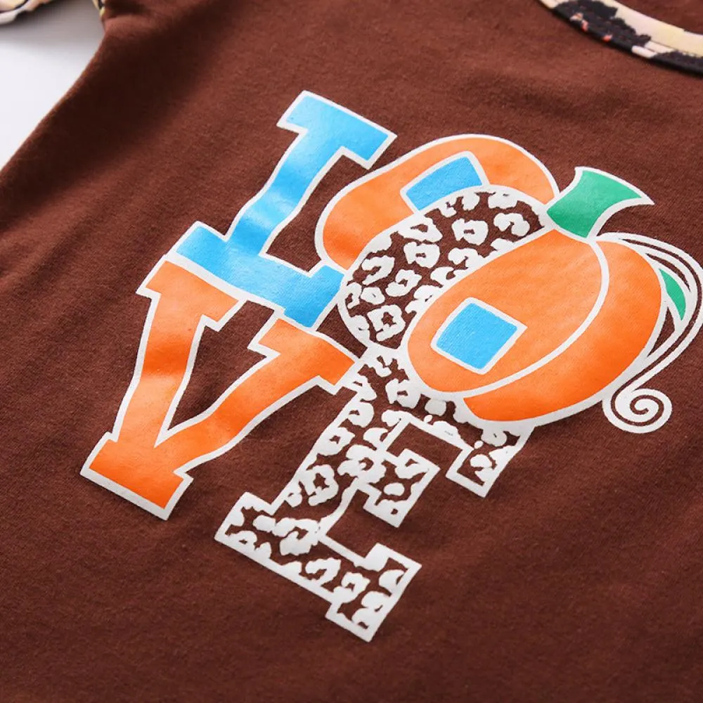 Leopard Raglan Sleeve Print Pumpkin and Alphabet Flared Pants Wholesale Girls Clothing