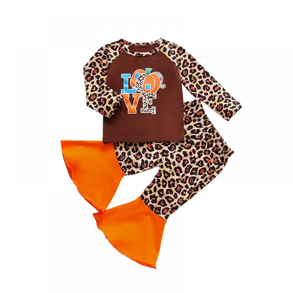 Leopard Raglan Sleeve Print Pumpkin and Alphabet Flared Pants Wholesale Girls Clothing