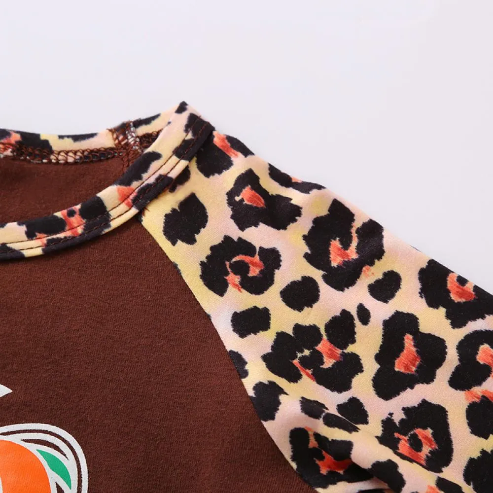 Leopard Raglan Sleeve Print Pumpkin and Alphabet Flared Pants Wholesale Girls Clothing