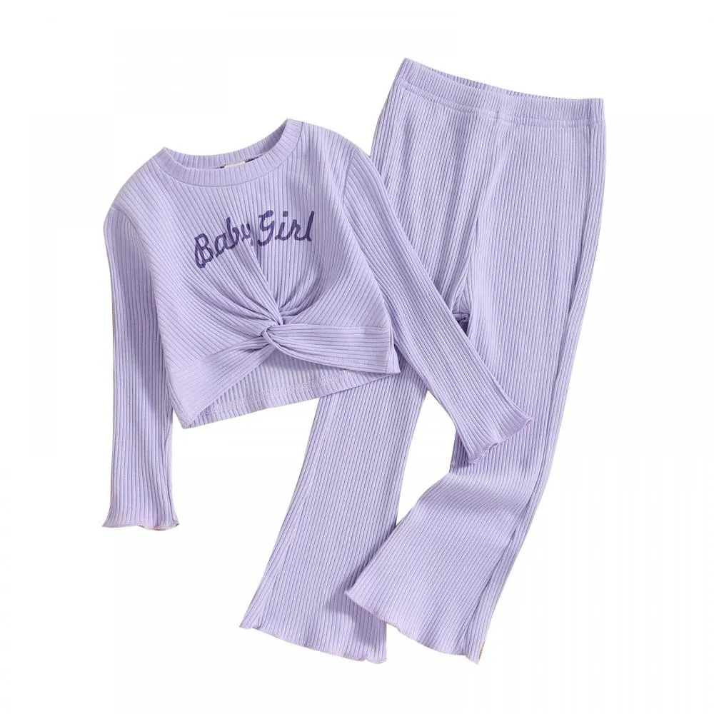 Little Girls Pit Strip Letter Print Long-sleeve Top   Flared Pants Set Wholesale Girls Clothes