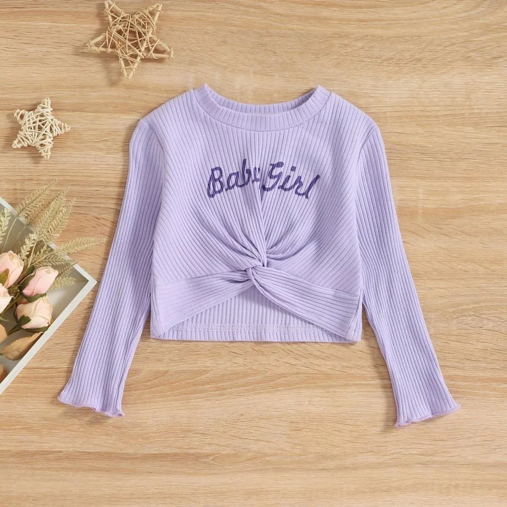 Little Girls Pit Strip Letter Print Long-sleeve Top   Flared Pants Set Wholesale Girls Clothes