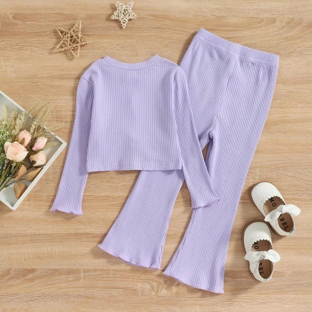 Little Girls Pit Strip Letter Print Long-sleeve Top   Flared Pants Set Wholesale Girls Clothes