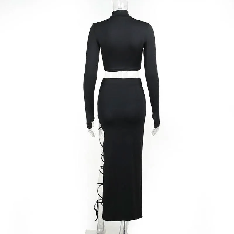 Long sleeve high neck self tie slit maxi skirt set