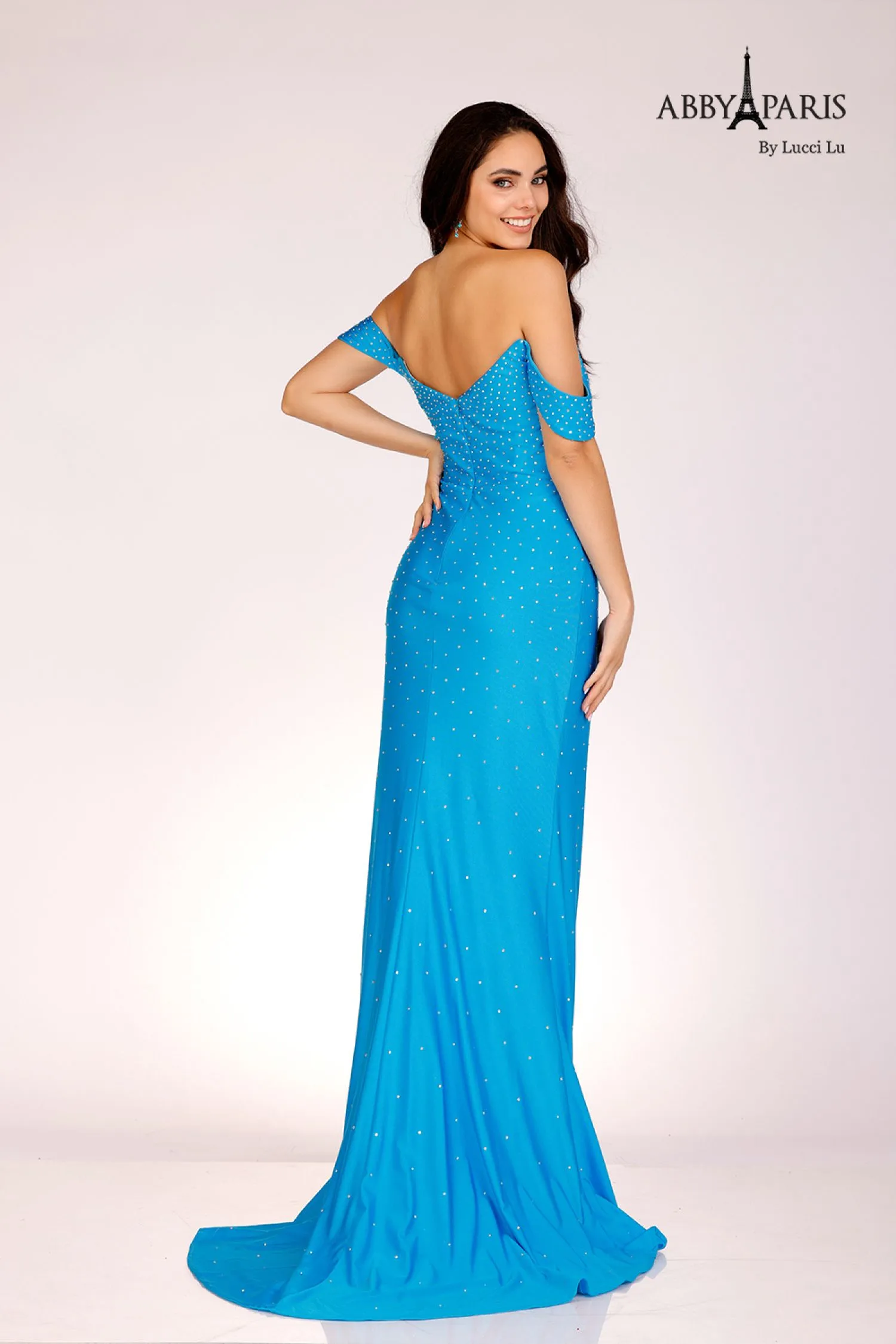 Lucci Lu 90190 Dolphin Blue Sweetheart Off the Shoulder Fitted Knit Dress with Hot Stones
