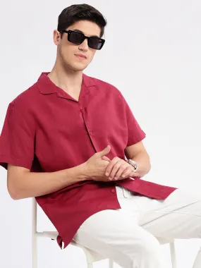 Men Cuban Collar Solid Maroon Casual Shirt