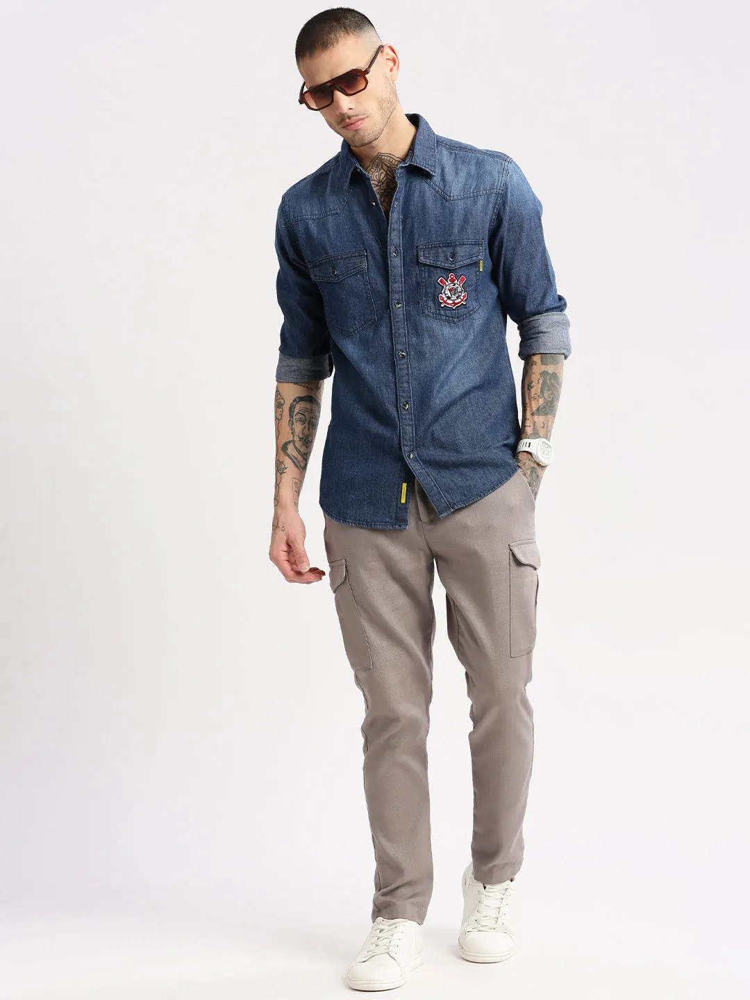 Men Spread Collar Denim Solid Navy Blue Casual Shirt