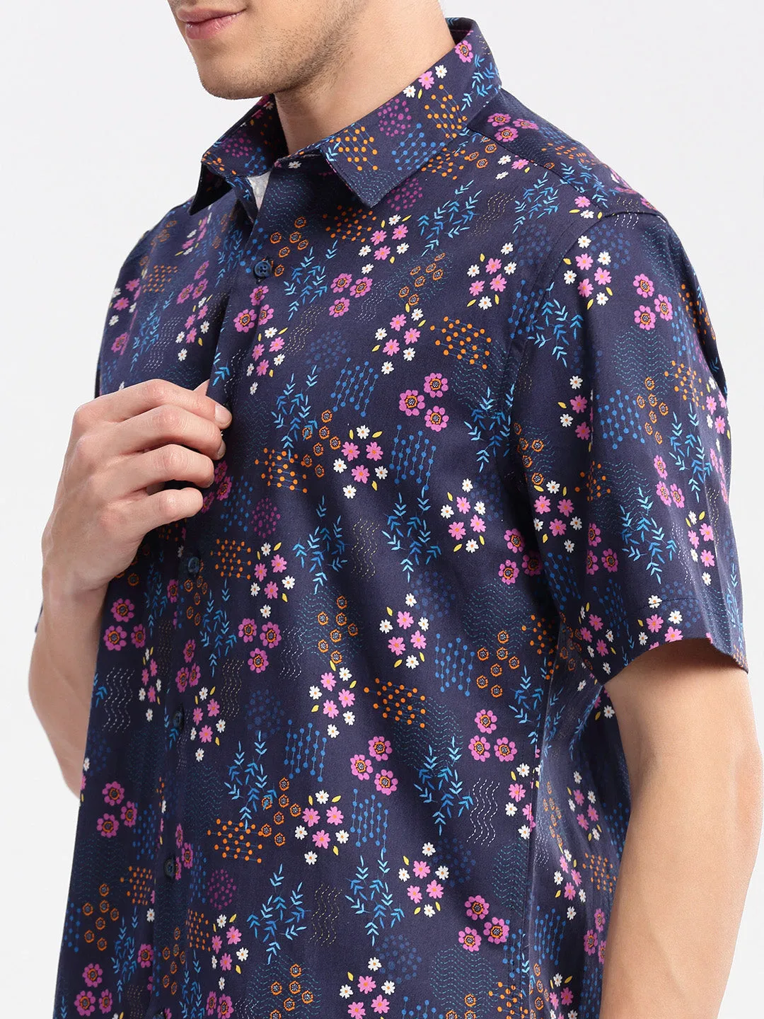 Men Spread Collar Floral Navy Blue Casual Shirt