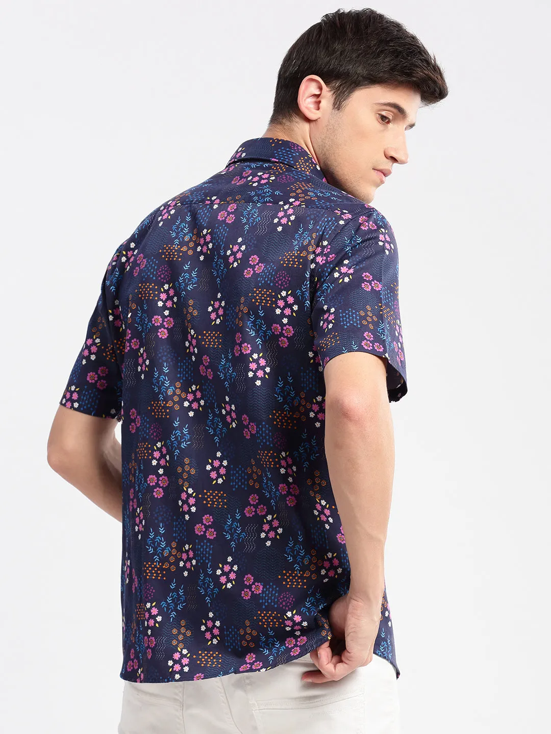 Men Spread Collar Floral Navy Blue Casual Shirt