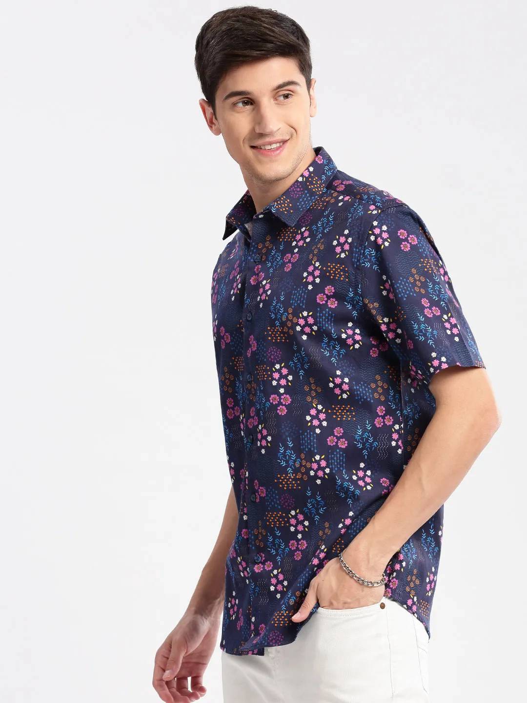 Men Spread Collar Floral Navy Blue Casual Shirt