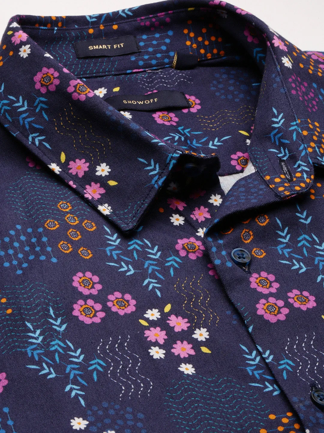 Men Spread Collar Floral Navy Blue Casual Shirt