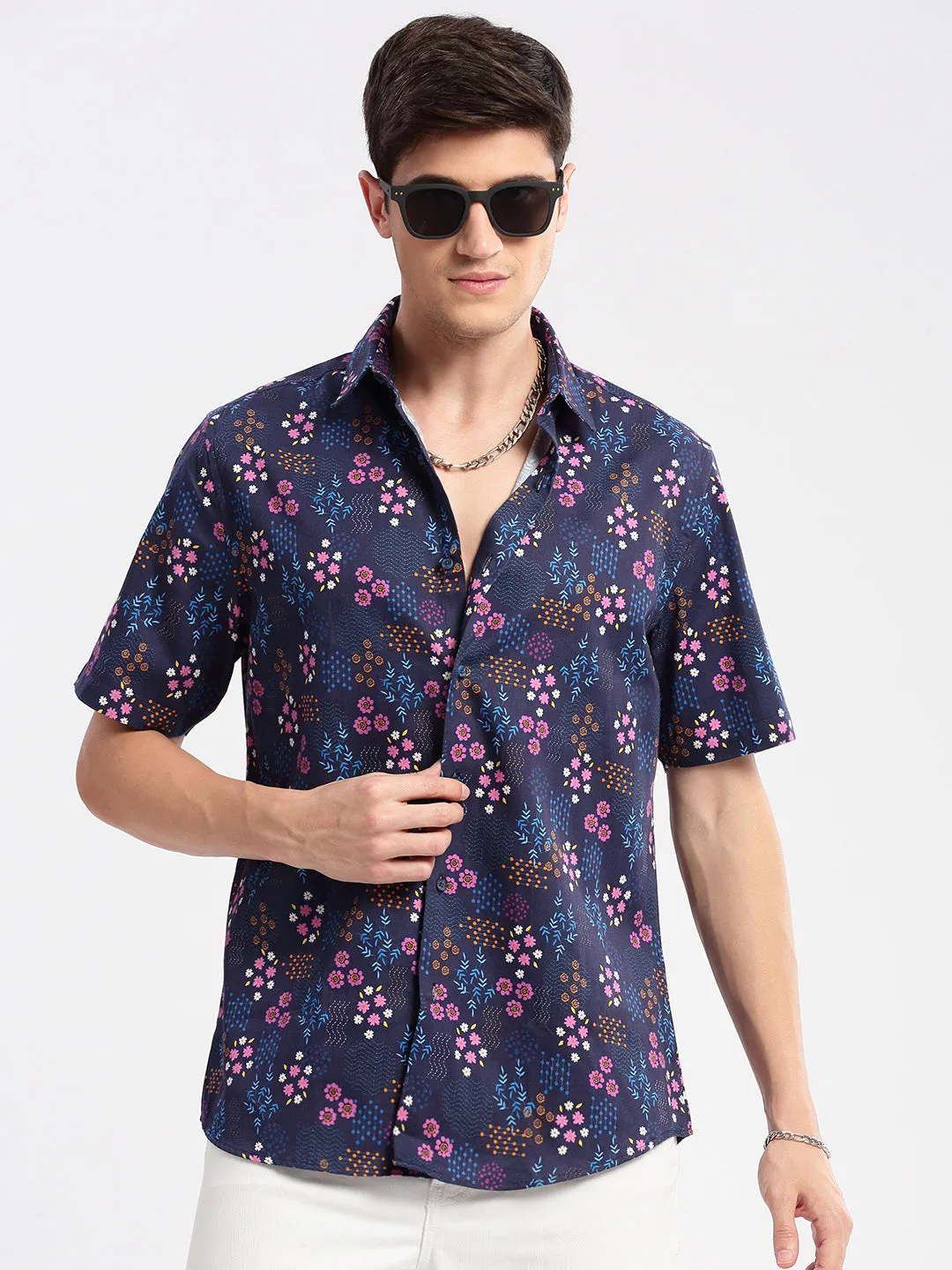 Men Spread Collar Floral Navy Blue Casual Shirt