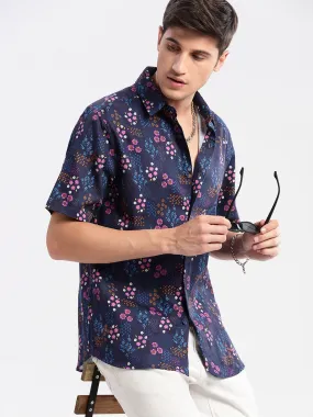 Men Spread Collar Floral Navy Blue Casual Shirt