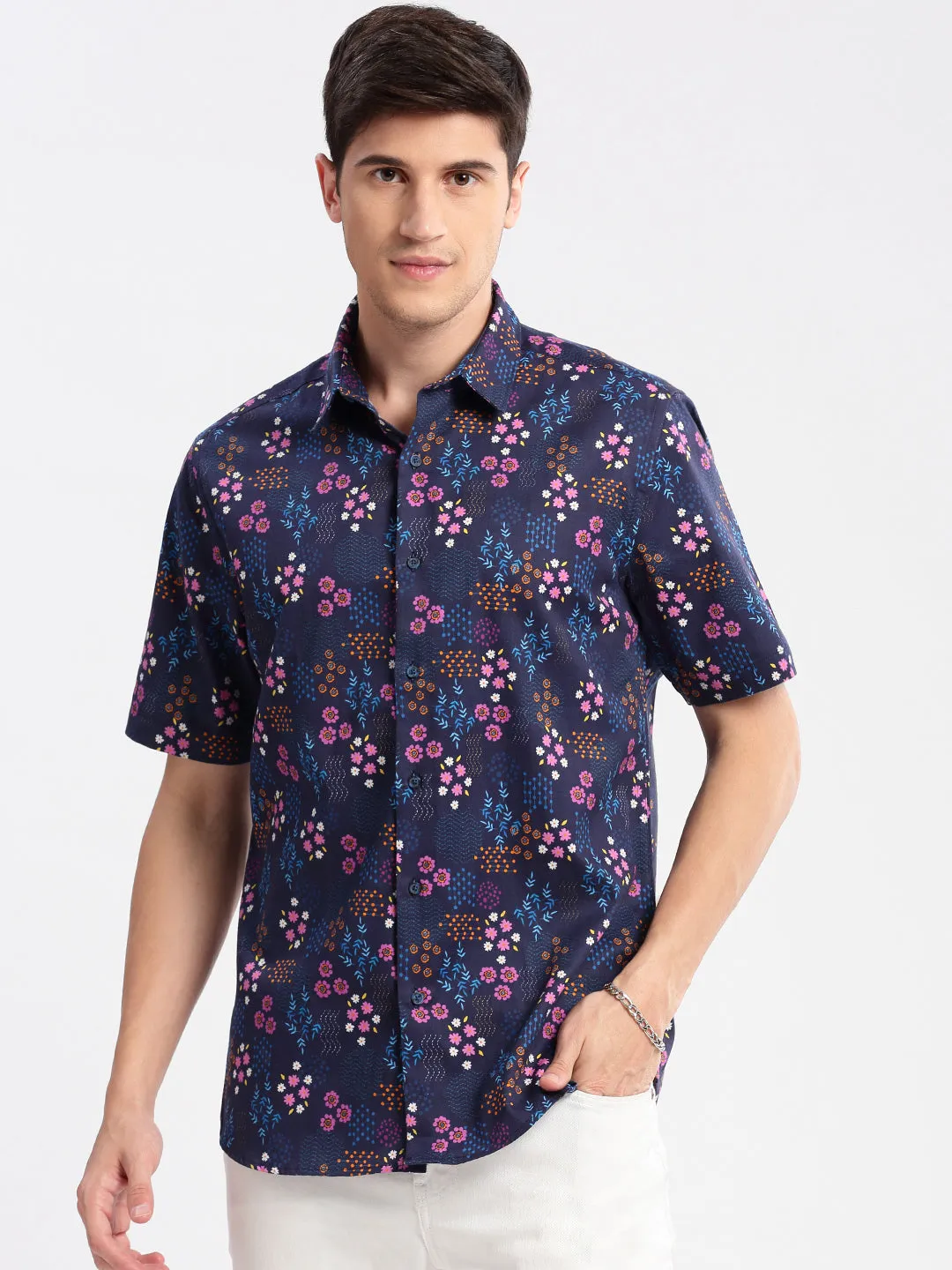 Men Spread Collar Floral Navy Blue Casual Shirt