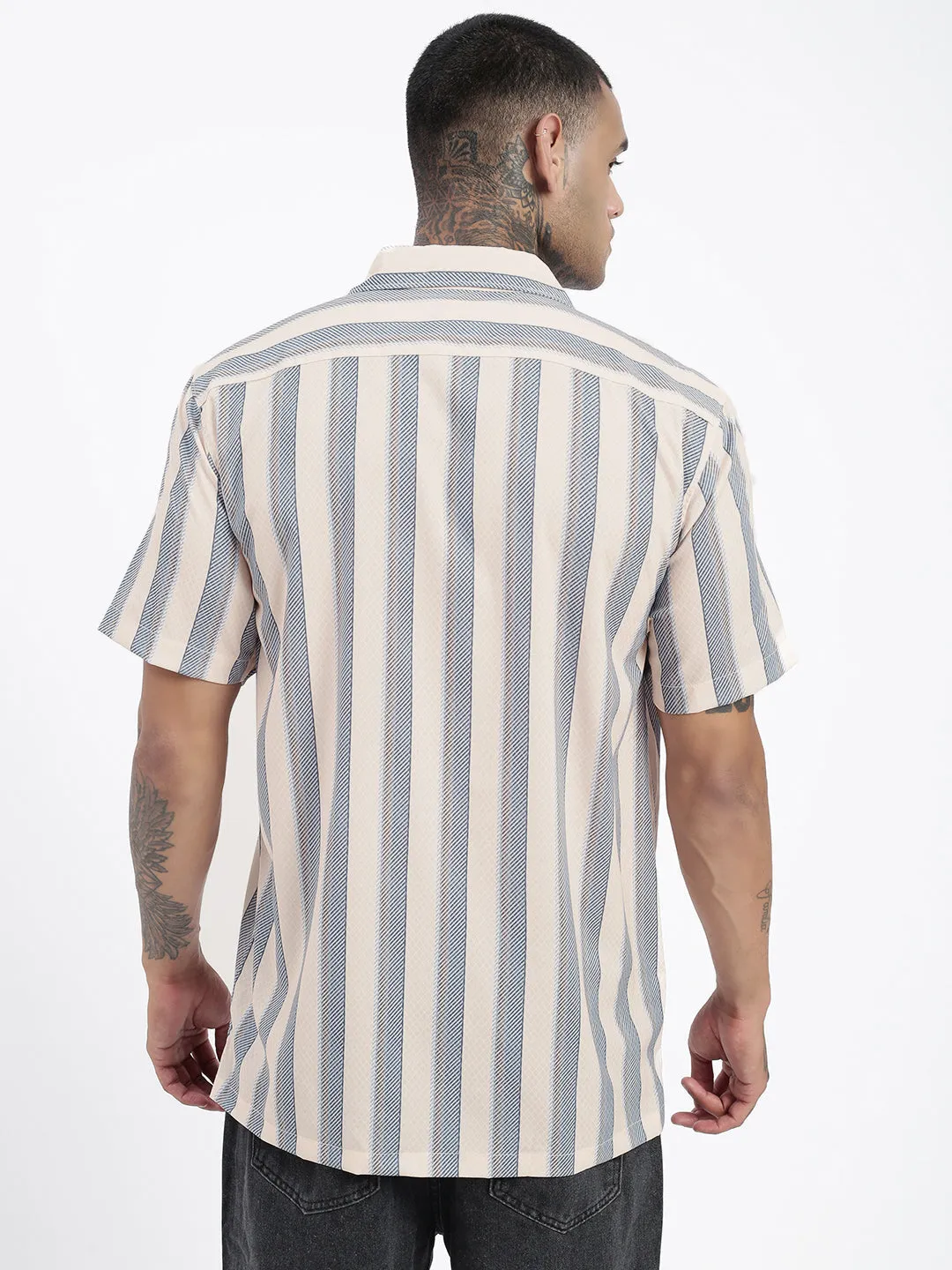 Men Striped Cream Relaxed Fit Shirt