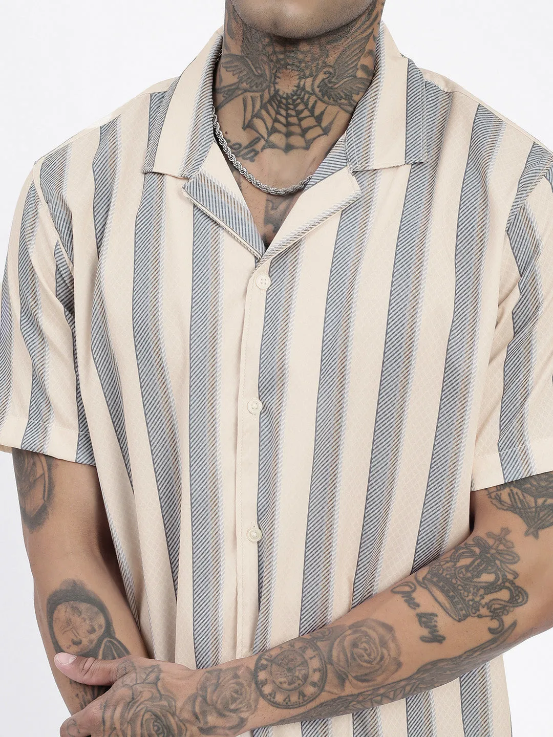 Men Striped Cream Relaxed Fit Shirt