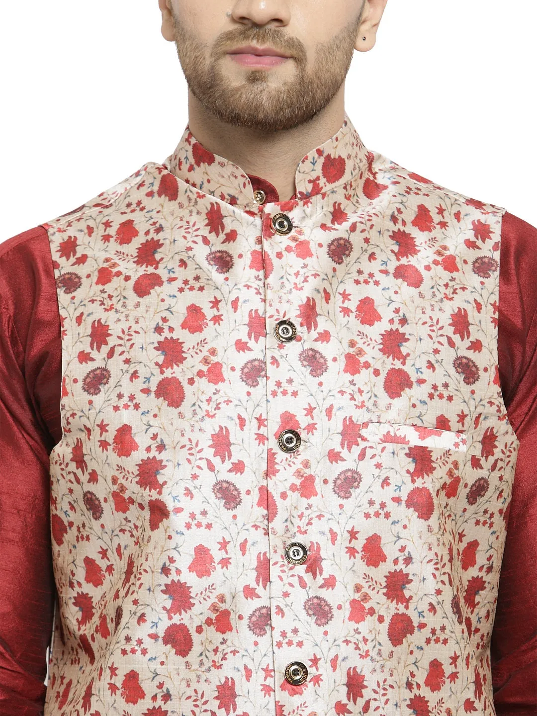 Men's Maroon Kurta With Dhoti & Beige Printed Nehru Jacket - Benstoke