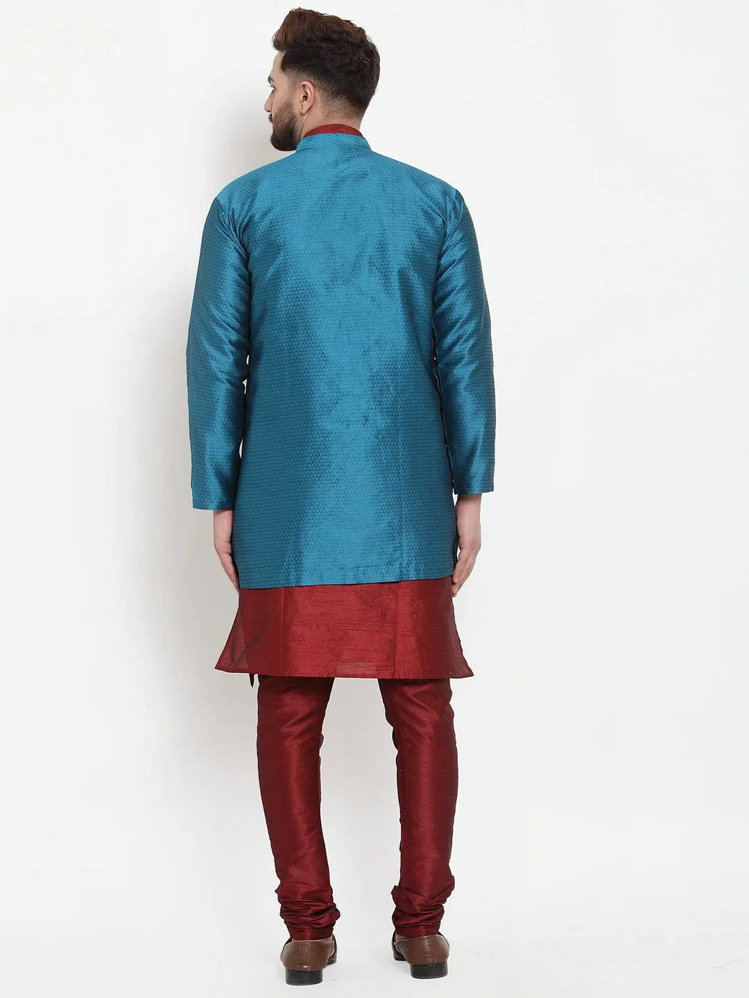 Men's Maroon Kurta With Pyjama & Peacock Blue Self Design Jacket - Benstoke