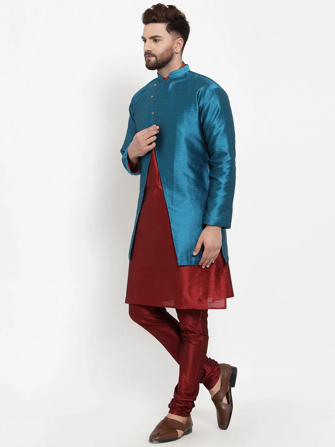 Men's Maroon Kurta With Pyjama & Peacock Blue Self Design Jacket - Benstoke