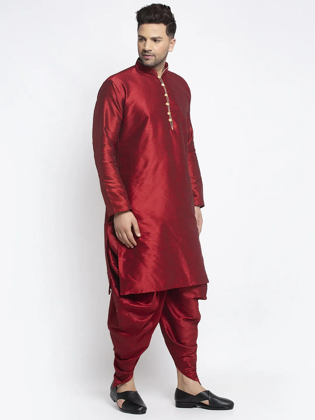 Men's Maroon Solid Kurta With Dhoti Pant - Benstoke