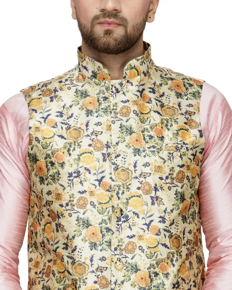 Men's Pink Kurta With White Dhoti & Lime Green Printed Nehru Jacket - Benstoke