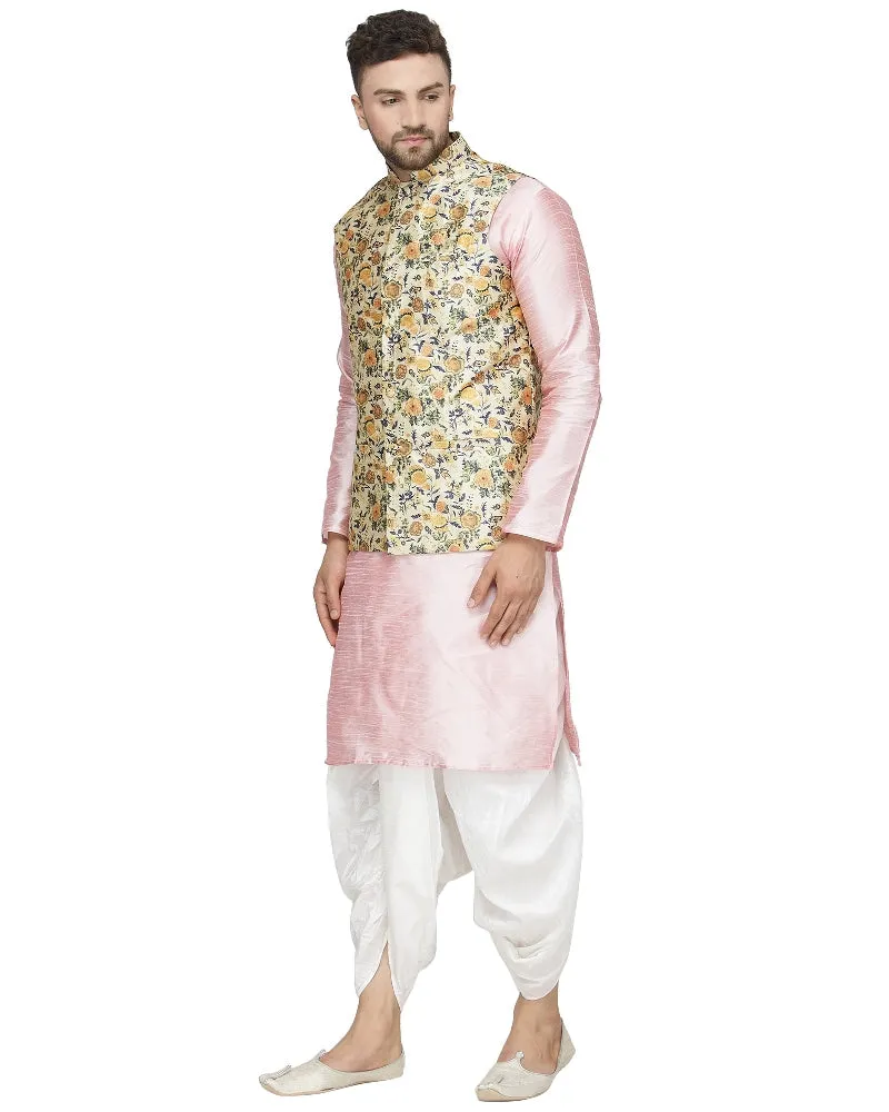 Men's Pink Kurta With White Dhoti & Lime Green Printed Nehru Jacket - Benstoke