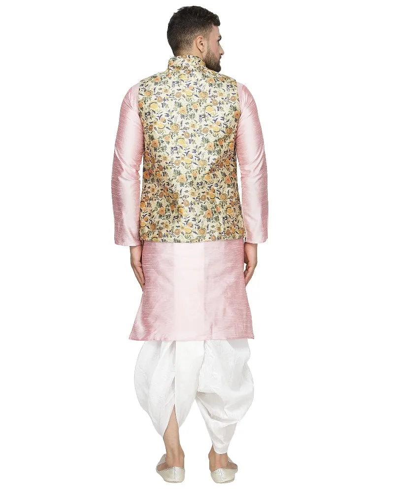 Men's Pink Kurta With White Dhoti & Lime Green Printed Nehru Jacket - Benstoke