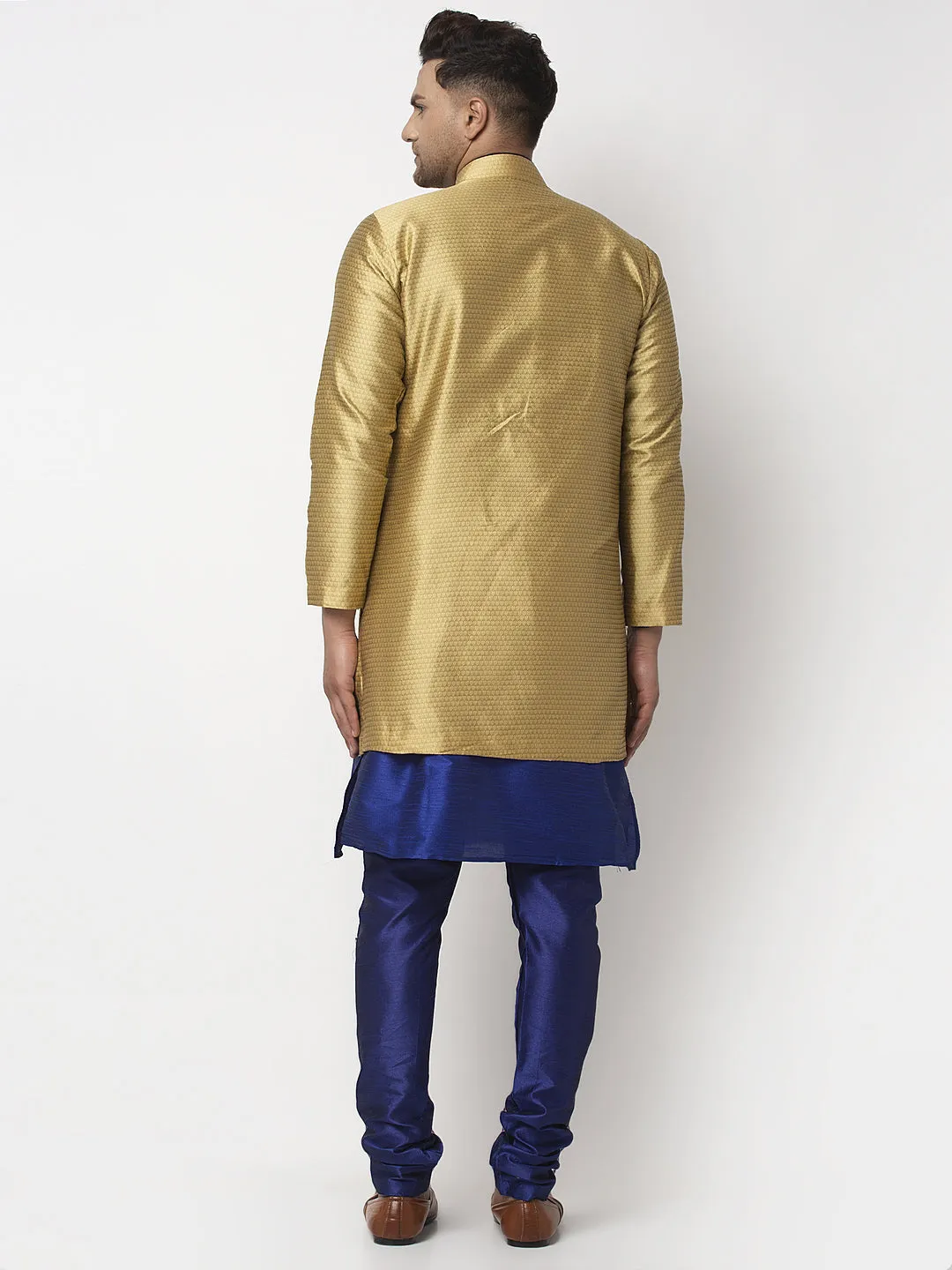 Men's Royal Blue Kurta With Pyjama & Gold Self Design Jacket - Benstoke